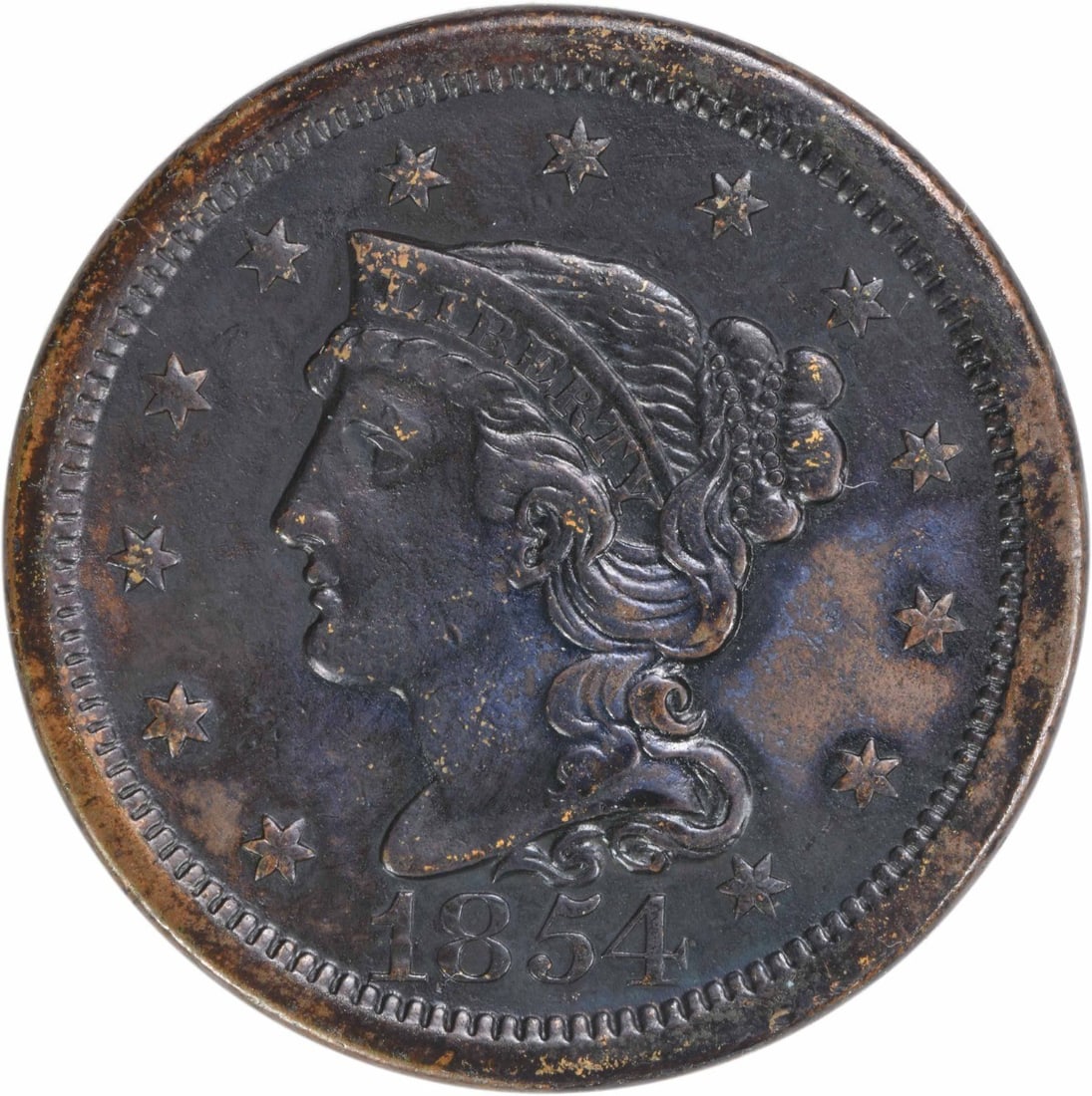1854 Braided Hair Large Cent EF Circulated Copper Coin: 1854 Braided Hair Large Cent EF Circulated Copper Coin This 1854 Large Cent features a Braided Hair design and is made of copper. It has been circulated and is graded as EF (Extremely Fine). Minted in
