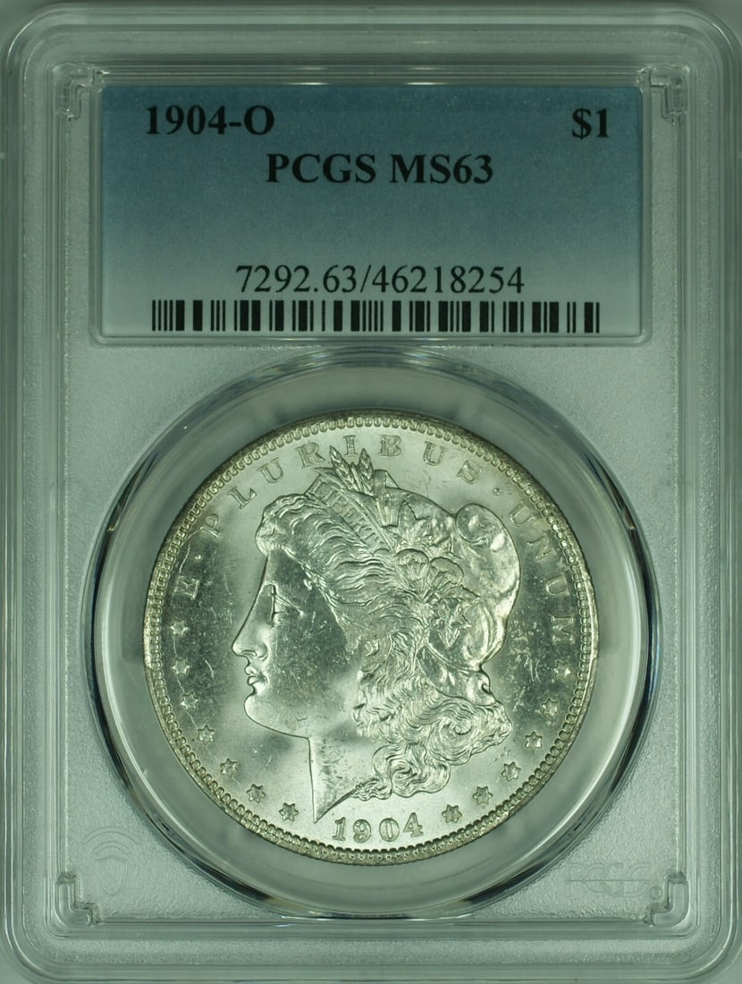 PCGS MS-63 1904-O Morgan Dollar Silver Coin from New Orleans Mint: PCGS MS-63 1904-O Morgan Dollar Silver Coin from New Orleans Mint This is a 1904-O Morgan Silver Dollar coin from the United States, minted in New Orleans. The coin is composed of 90% silver and is ce