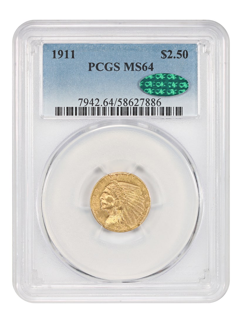1911 Indian Quarter Eagle Gold Coin PCGS CAC MS64 Philadelphia: 1911 Indian Quarter Eagle Gold Coin PCGS CAC MS64 Philadelphia This 1911 Indian $2.5 gold coin is graded MS64 by PCGS and certified by CAC, ensuring its quality and authenticity. Struck at the Philade