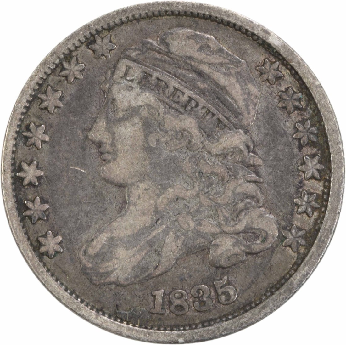1835 Capped Bust Silver Dime 10C Uncertified Philadelphia Mint: 1835 Capped Bust Silver Dime 10C Uncertified Philadelphia Mint This 1835 Bust Silver Dime features the classic Capped Bust design by John Reich, a historic coin from the United States. It is a circula
