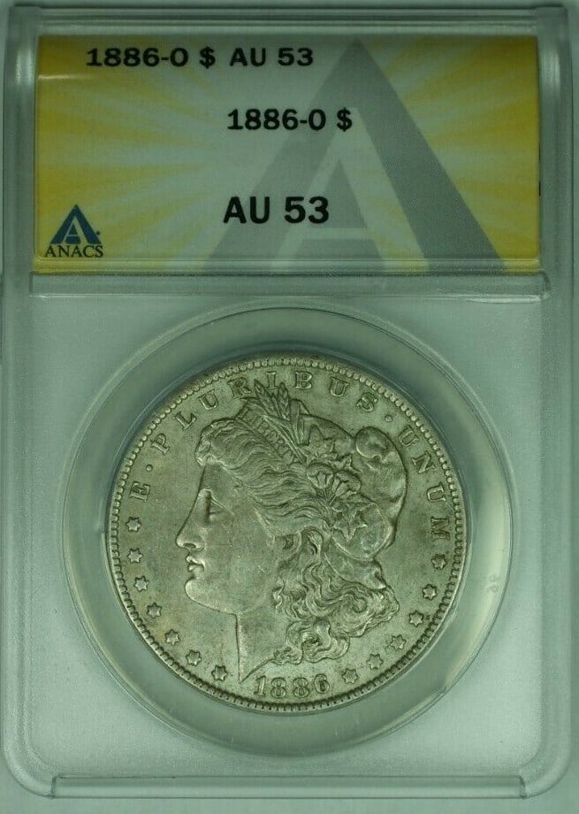 ANACS AU-53 1886-O Morgan Dollar Silver Coin from New Orleans Mint: ANACS AU-53 1886-O Morgan Dollar Silver Coin from New Orleans Mint This 1886-O Morgan Silver Dollar is a $1 coin from the United States, minted in New Orleans. Certified by ANACS with a grade of AU 53