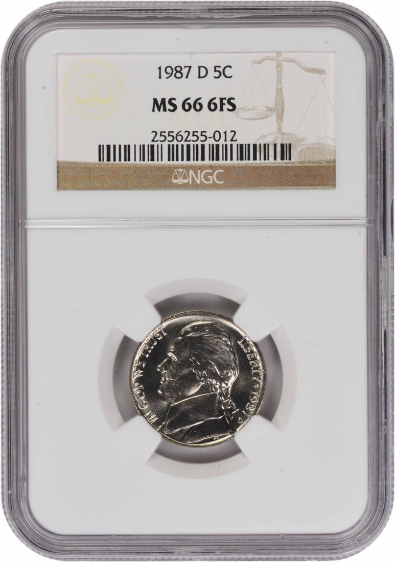NGC MS66 1987 Denver Jefferson Nickel Six Full Steps: NGC MS66 1987 Denver Jefferson Nickel Six Full Steps This is a 1987-D Jefferson Nickel graded MS66 with 6 Full Steps by NGC. The coin is uncirculated, features a composition of 75% copper and 25% nick