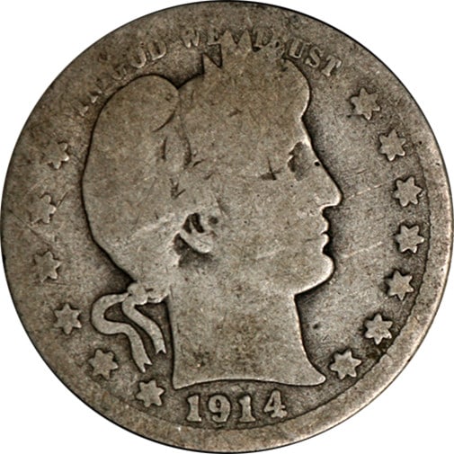 1914-S Barber Quarter Silver Circulated Nice Eye Appeal: 1914-S Barber Quarter Silver Circulated Nice Eye Appeal This 1914-S Barber Quarter features a pleasing eye appeal with honest and even wear. It is in a Nearly Good grade, showcasing its historical sig