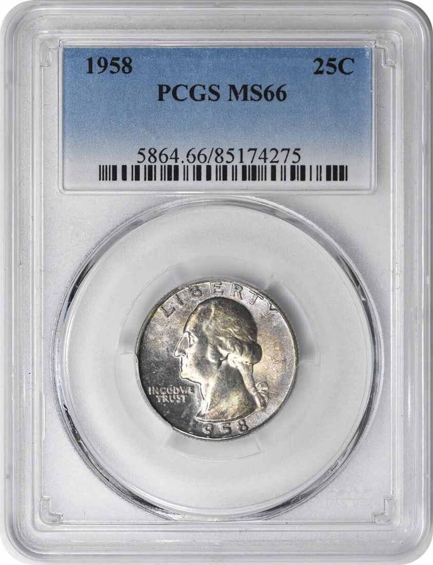 1958 MS66 PCGS Graded Washington Quarter 90 Percent Silver: 1958 MS66 PCGS Graded Washington Quarter 90 Percent Silver This is a 1958 Washington Quarter struck at the Philadelphia Mint. Certified as MS66 by PCGS, this uncirculated coin is composed of 90% silve