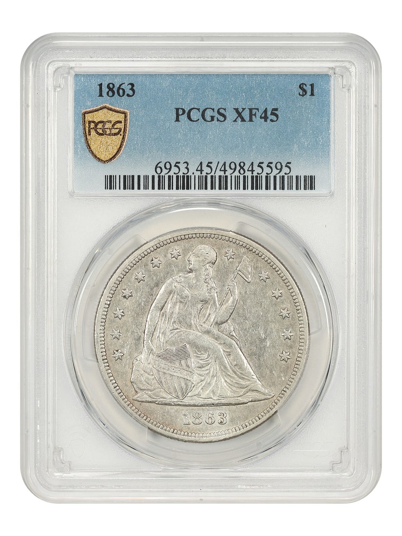 1863 Liberty Seated Silver Dollar PCGS XF45 Certified: 1863 Liberty Seated Silver Dollar PCGS XF45 Certified This 1863 Liberty Seated Dollar is graded XF45 by PCGS and was minted in Philadelphia. It is a circulated coin from a low mintage of only 27,200, 