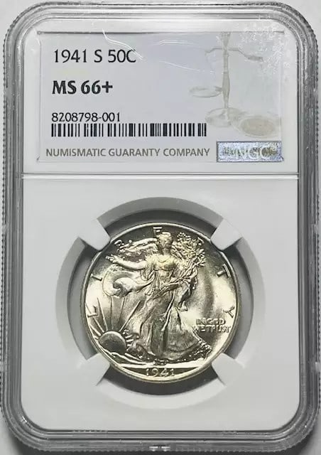 NGC Certified 1941 San Francisco Silver Half Dollar MS-66 Plus: NGC Certified 1941 San Francisco Silver Half Dollar MS-66 Plus This 1941 S Walking Liberty Half Dollar is certified by NGC with a high grade of MS 66+. Struck in silver at the San Francisco Mint, this