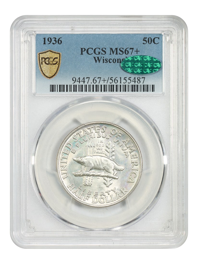 Wisconsin 1936 Half Dollar PCGS CAC MS67 Plus Silver Commemorative Coin: Wisconsin 1936 Half Dollar PCGS CAC MS67 Plus Silver Commemorative Coin This 1936 Wisconsin 50-cent Classic Silver Commemorative coin is certified by PCGS with CAC approval, graded MS67+. It is an unc