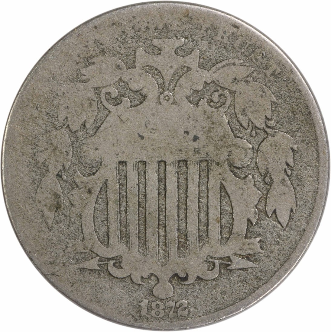 1872 Shield Nickel G Uncertified 5C Philadelphia Mint: 1872 Shield Nickel G Uncertified 5C Philadelphia Mint This 1872 Shield Nickel is a remarkable piece of American numismatic history, originating from the Philadelphia mint. It features a composition of