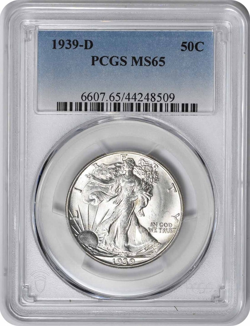 1939-D Walking Liberty Half Dollar MS65 PCGS Uncirculated 90% Silver: 1939-D Walking Liberty Half Dollar MS65 PCGS Uncirculated 90% Silver This 1939-D Walking Liberty Silver Half Dollar is a remarkable collectible, certified by PCGS with a grade of MS65, indicating its 