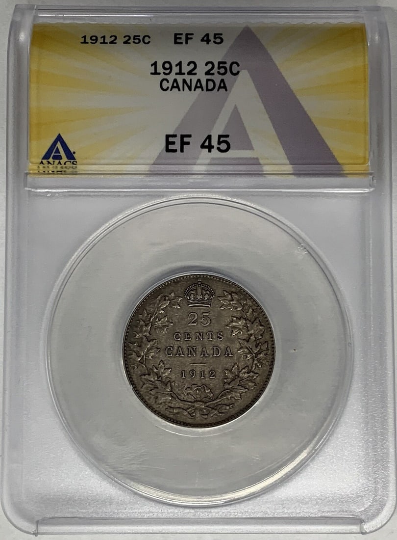 ANACS Graded XF 45 1912 Canadian Silver 25 Cent Piece: ANACS Graded XF 45 1912 Canadian Silver 25 Cent Piece This 1912 Canada twenty-five cent coin is composed of silver and has been graded XF 45 by ANACS. The coin is circulated and comes from Canada with