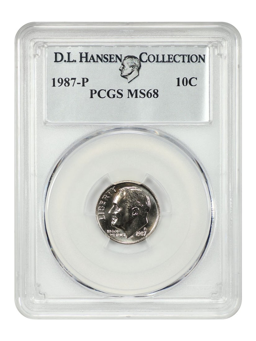 PCGS MS68 1987-P Roosevelt Dime ex D L Hansen Finest Grade Tied: PCGS MS68 1987-P Roosevelt Dime ex D L Hansen Finest Grade Tied This is a 1987-P Roosevelt Dime graded MS68 by PCGS, ex: D.L. Hansen. Tied for the finest known at the non-FB level, no examples have be