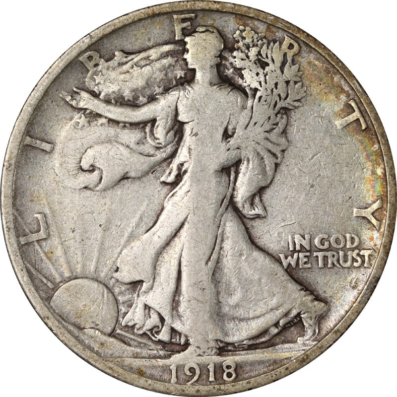 1918 San Francisco Walking Liberty Silver Half Dollar Coin: 1918 San Francisco Walking Liberty Silver Half Dollar Coin This is a 1918-S Walking Liberty Half Dollar from the United States, composed of silver with a fineness of 0.9. The coin was minted in San Fr