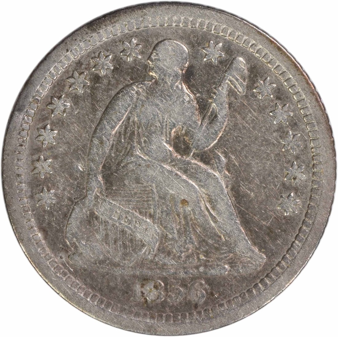 1856 New Orleans Liberty Seated Half Dime 90 Percent Silver VF Uncertified: 1856 New Orleans Liberty Seated Half Dime 90 Percent Silver VF Uncertified This is an 1856-O Liberty Seated Silver Half Dime from the New Orleans Mint. The coin is circulated and features the Liberty 