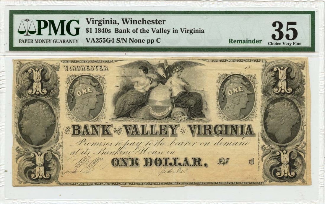 Bank of the Valley Winchester Virginia $1 Obsolete Currency PMG VF35: Bank of the Valley Winchester Virginia $1 Obsolete Currency PMG VF35 This 1840s $1 obsolete note from Winchester, Virginia was issued by the Bank of the Valley. Certified by PMG with a grade of VF35, 