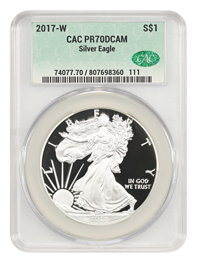2017 West Point Proof Silver Eagle Dollar CACG PR70DCAM: 2017 West Point Proof Silver Eagle Dollar CACG PR70DCAM This is a 2017-W $1 Silver Eagle coin, certified by CACG with a PR70 Deep Cameo designation. The coin is uncirculated and was struck at the West