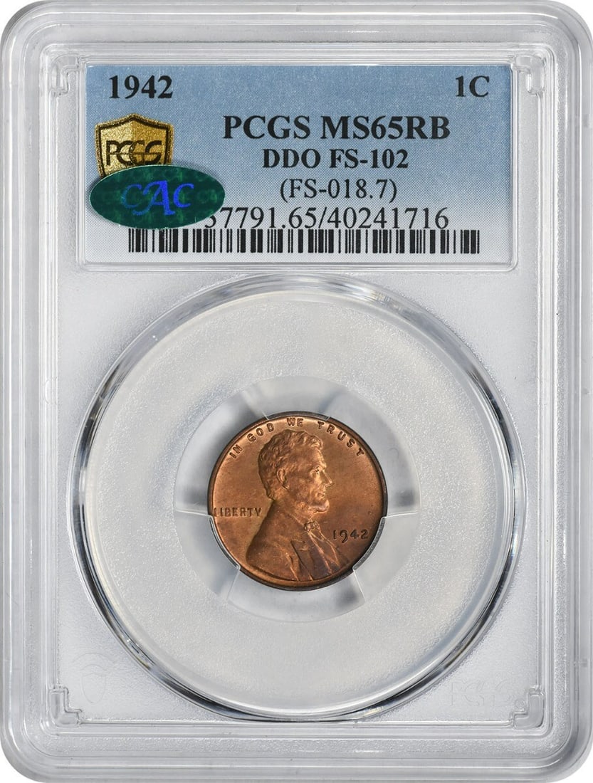 1942 Lincoln Cent DDO FS-102 MS65RB PCGS CAC Certified Copper Coin: 1942 Lincoln Cent DDO FS-102 MS65RB PCGS CAC Certified Copper Coin This 1942 Lincoln Cent features a Doubled Die Obverse (DDO) and is graded MS65RB by PCGS, complete with CAC certification. The coin i