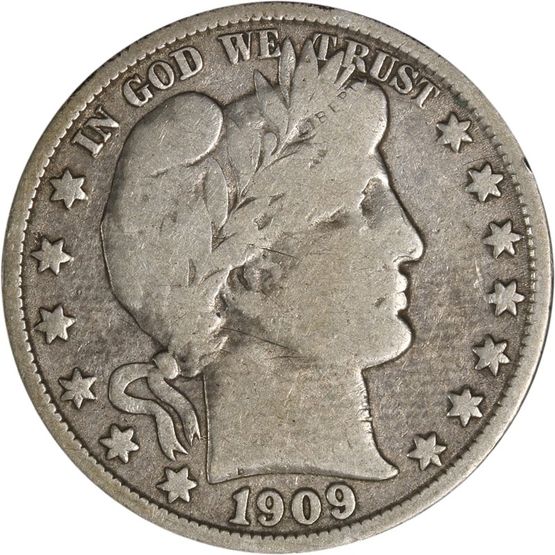 1909-O Barber Half Dollar Silver Coin Circulated: 1909-O Barber Half Dollar Silver Coin Circulated This 1909-O Barber Half Dollar is a classic piece of American numismatic history. It features a striking design and is composed of 90% silver, reflecti