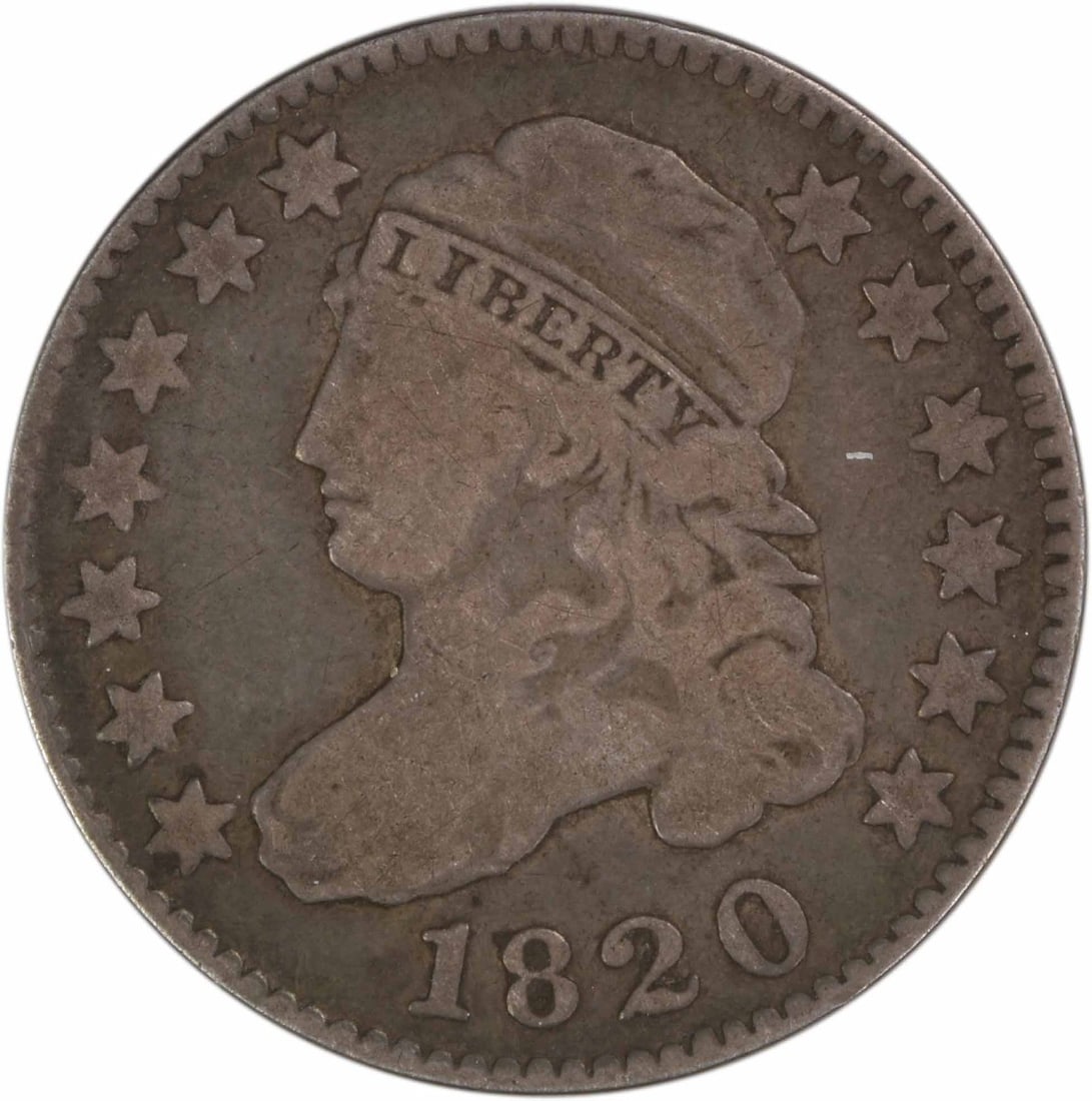 1820 Capped Bust Dime VG Grade Uncertified Philadelphia Issue: 1820 Capped Bust Dime VG Grade Uncertified Philadelphia Issue This 1820 Capped Bust Dime features the design by John Reich and was minted in Philadelphia. The coin is composed of 89.2% silver and 10.8