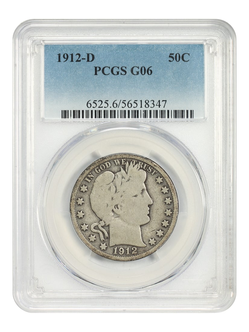 Barber Half Dollar 1912 Denver 50C PCGS Graded Good 6: Barber Half Dollar 1912 Denver 50C PCGS Graded Good 6 This 1912-D Barber Half Dollar is a circulated coin, graded Good 06 by PCGS. Minted in Denver, it belongs to the Barber Half Dollar series and is 