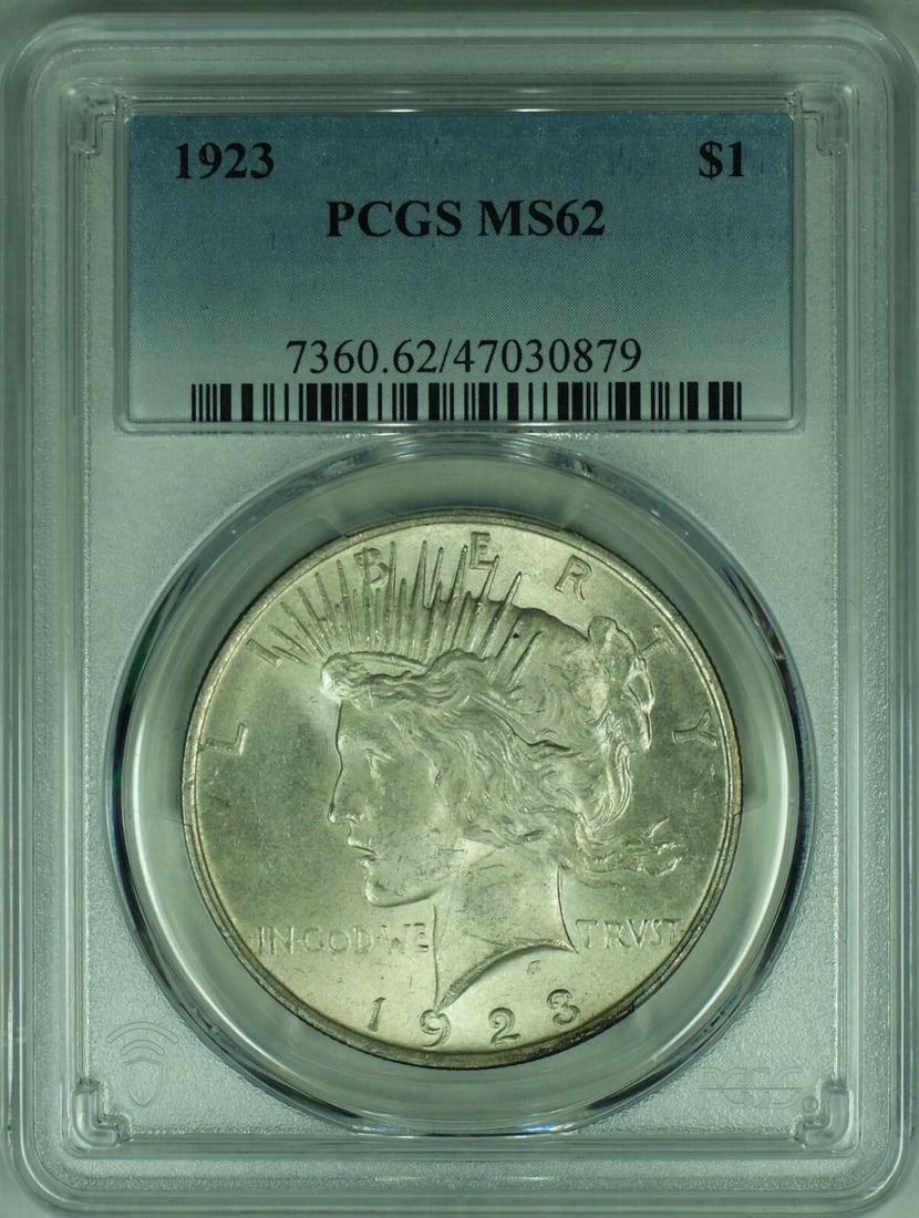 PCGS MS-62 Certified 1923 Peace Dollar Silver Coin Uncirculated: PCGS MS-62 Certified 1923 Peace Dollar Silver Coin Uncirculated This 1923 Peace Silver Dollar features a denomination of $1 and is composed of 0.9 fine silver. The coin was minted in Philadelphia and 