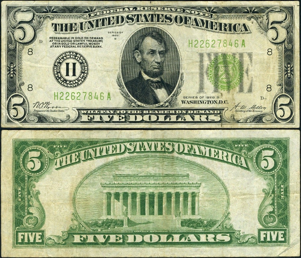 1928-B $5 Federal Reserve Note St Louis H-A Block LGS VF Pinholes (1 of 3)