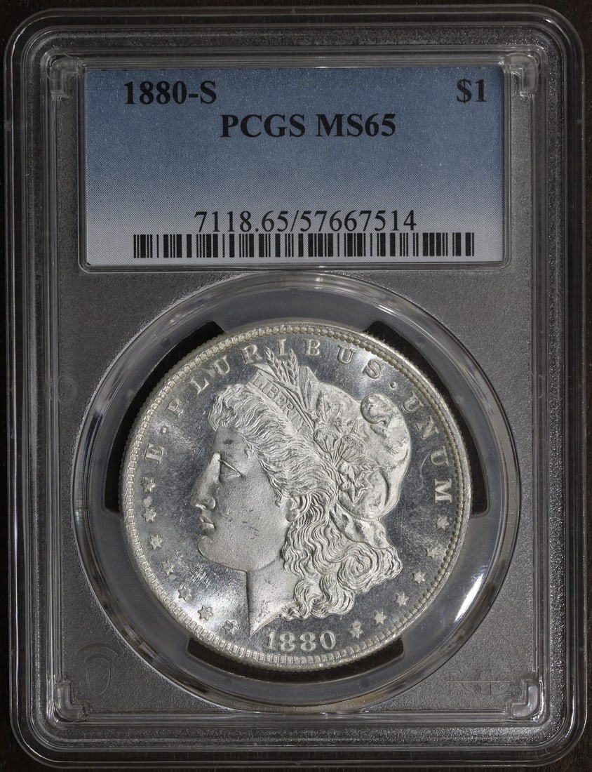 Morgan Dollar 1880 San Francisco MS65 PCGS Certified Silver Coin: Morgan Dollar 1880 San Francisco MS65 PCGS Certified Silver Coin This 1880-S Morgan Silver Dollar features a grade of MS65, indicating it is uncirculated and in excellent condition with strong eye app