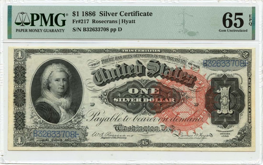 1886 $1 Silver Certificate Martha Washington PMG 65 EPQ Uncirculated: 1886 $1 Silver Certificate Martha Washington PMG 65 EPQ Uncirculated This 1886 $1 Silver Certificate featuring Martha Washington is a rare collectible item, graded MS65 by PMG, indicating it is in unc