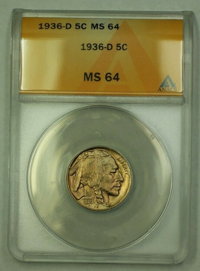 ANACS MS-64 1936 Denver Buffalo Nickel United States Five Cent Coin (1 of 2)