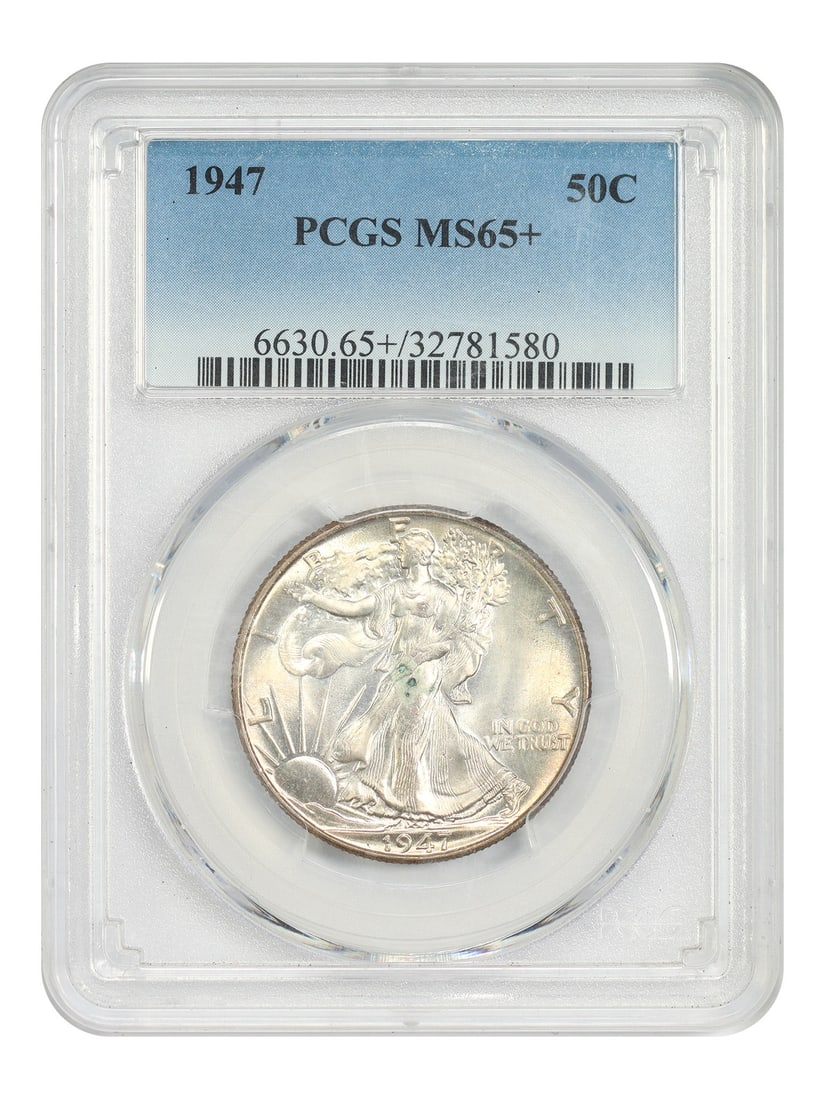 1947 Philadelphia Walking Liberty Half Dollar PCGS MS65 Plus: 1947 Philadelphia Walking Liberty Half Dollar PCGS MS65 Plus This 1947 Walking Liberty Half Dollar is graded MS65+ by PCGS and is uncirculated. The coin features noticeable verdigris on the center obv