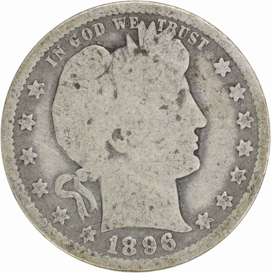 1896-O Barber Silver Quarter 25C Uncertified Coin: 1896-O Barber Silver Quarter 25C Uncertified Coin This 1896-O Barber Silver Quarter features a classic design by Charles E. Barber and is a notable piece for collectors. Minted in New Orleans, this co