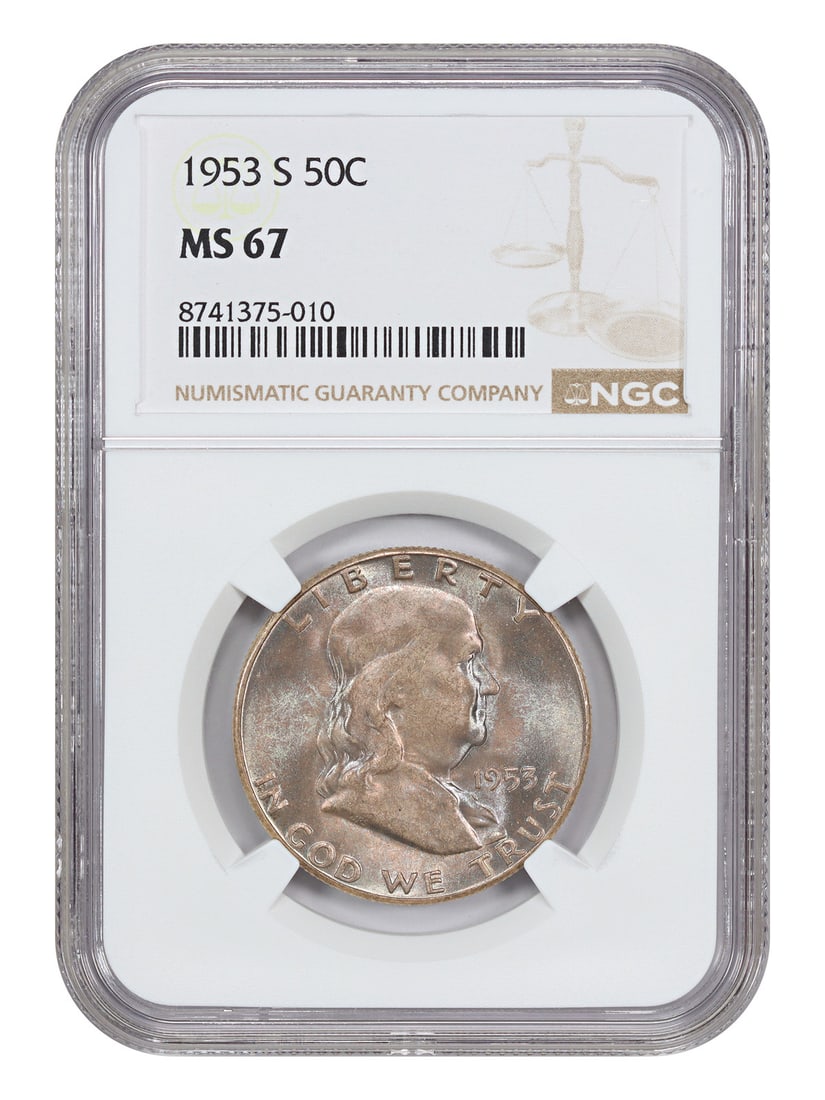 NGC MS67 1953 San Francisco Franklin Half Dollar 50C Uncirculated: NGC MS67 1953 San Francisco Franklin Half Dollar 50C Uncirculated This 1953-S Franklin Half Dollar is certified by NGC with a grade of MS67, indicating an uncirculated coin in excellent condition. It 