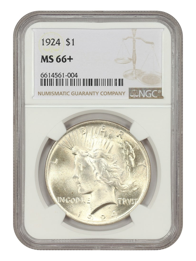 Peace Dollar 1924 NGC MS66 Plus Graded Silver Coin: Peace Dollar 1924 NGC MS66 Plus Graded Silver Coin This 1924 Peace Dollar is graded MS66+ by NGC and remains in uncirculated condition. Minted in Philadelphia, this pre-owned silver dollar is part of 
