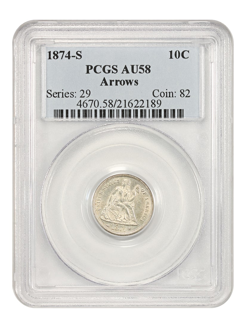 PCGS AU58 1874-S Liberty Seated Dime With Arrows Ten Cent Coin: PCGS AU58 1874-S Liberty Seated Dime With Arrows Ten Cent Coin This is an 1874-S Liberty Seated Dime, featuring the scarce "With Arrows" variety, struck at the San Francisco Mint. The coin is graded A