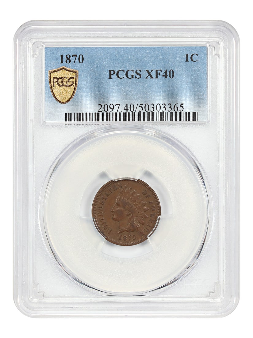 PCGS XF40 1870 Indian Head Cent Key Date Coin: PCGS XF40 1870 Indian Head Cent Key Date Coin This 1870 Indian Cent is a circulated coin graded XF40 by PCGS, featuring a brown (BN) designation. Struck in Philadelphia, it is recognized as a better d