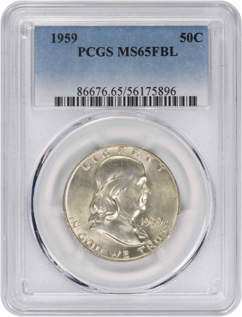 PCGS MS65FBL 1959 Franklin 50C Philadelphia 90 Percent Silver Half Dollar (1 of 2)