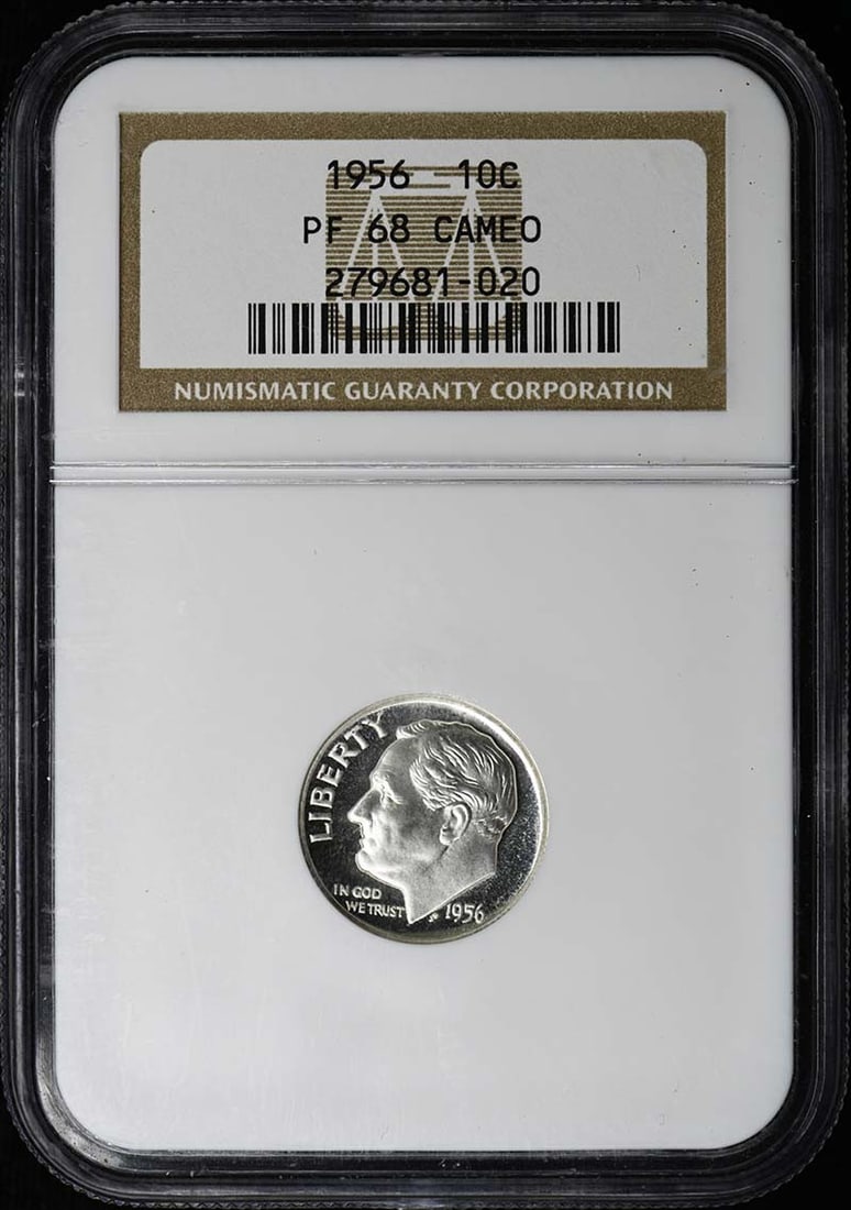 1956 Proof Dime NGC PR68 United States Coin: 1956 Proof Dime NGC PR68 United States Coin This 1956 10-cent coin from the United States is certified by NGC with a grade of PR68, indicating a high-quality proof strike. The coin is uncirculated and