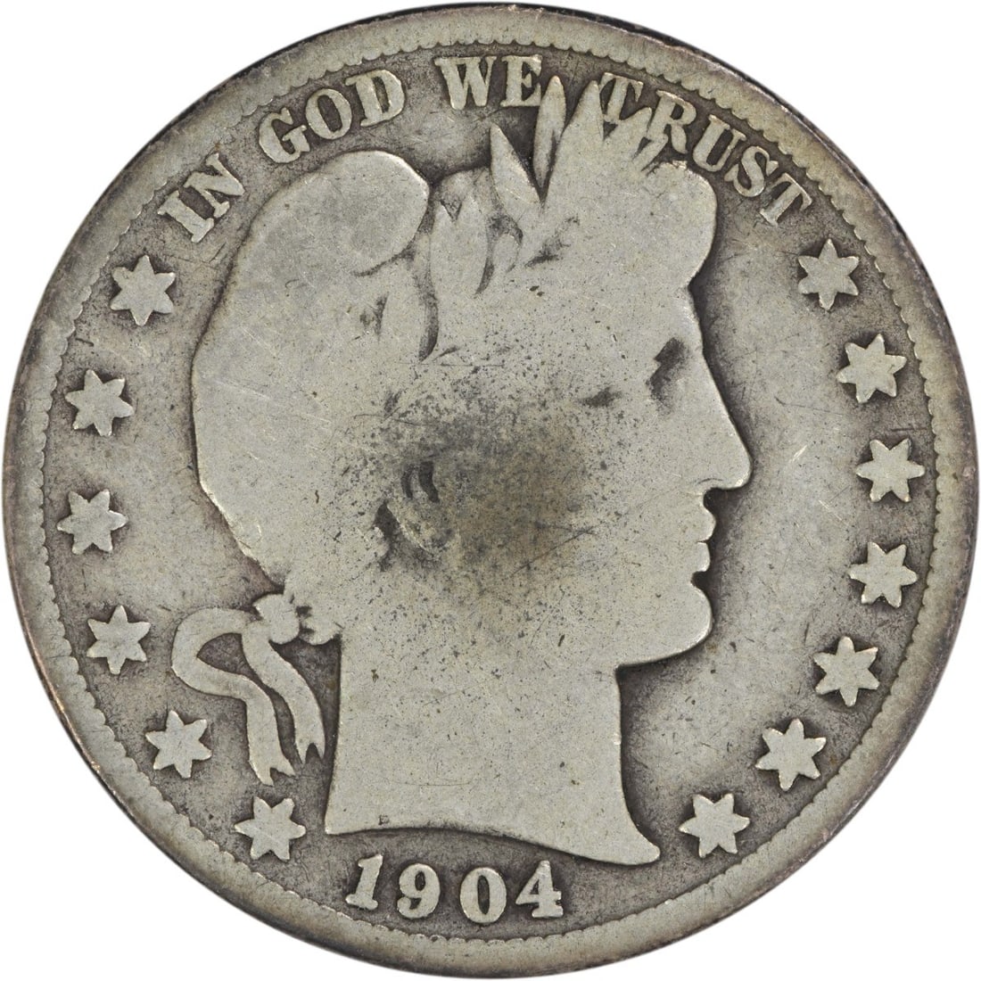 1904 San Francisco Barber Half Dollar 90 Percent Silver Uncertified Coin: 1904 San Francisco Barber Half Dollar 90 Percent Silver Uncertified Coin This is a 1904-S Barber Half Dollar from the United States, featuring a composition of 90% silver and 10% copper. The coin was 
