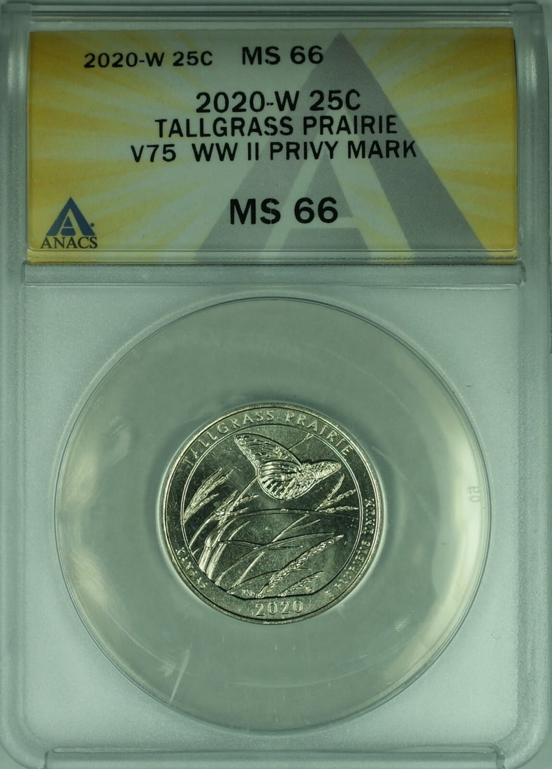 ANACS MS-66 2020-W Tallgrass Prairie V75 WWII ATB 25c Quarter: ANACS MS-66 2020-W Tallgrass Prairie V75 WWII ATB 25c Quarter This is a 2020-W Tallgrass Prairie America the Beautiful (ATB) Quarter featuring the V75 WWII privy mark. The coin is certified by ANACS w