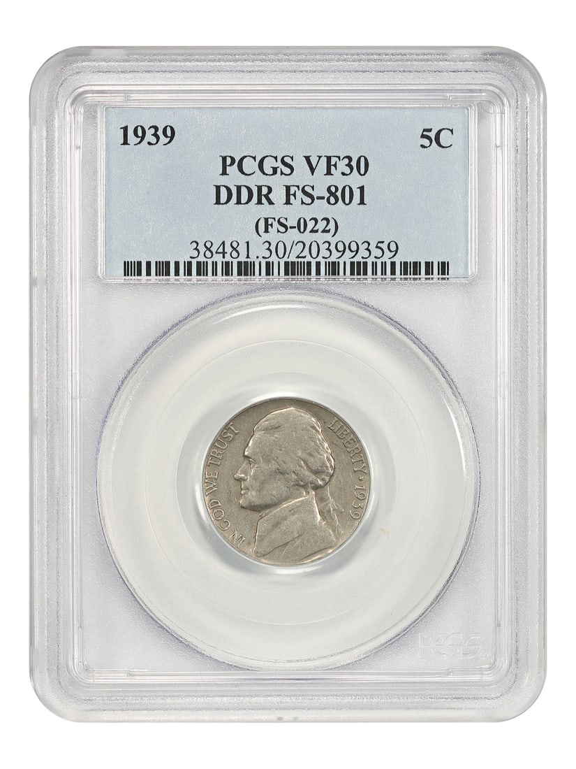 1939 Jefferson Nickel PCGS VF30 Double Die Reverse FS-801: 1939 Jefferson Nickel PCGS VF30 Double Die Reverse FS-801 This 1939 Jefferson Nickel is certified by PCGS with a VF30 grade and features a doubled die reverse (DDR, FS-801). The coin is circulated and