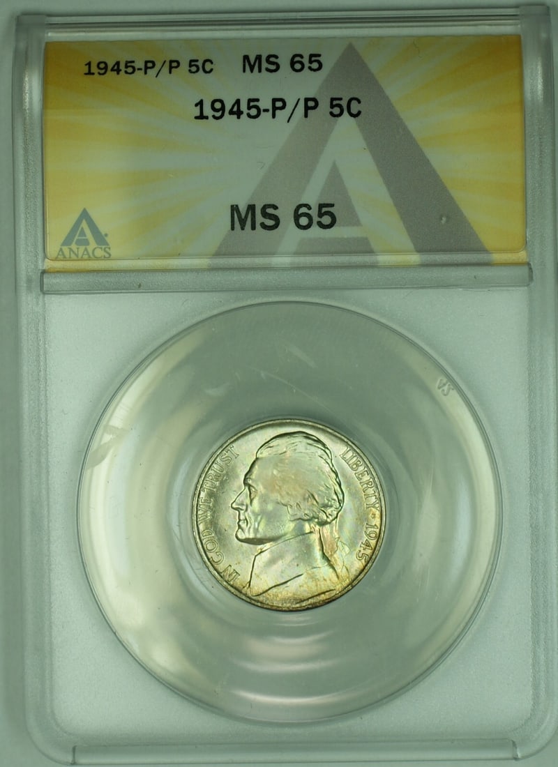 Uncirculated 1945-P/P Jefferson 5C Silver Nickel ANACS MS 65 Toned: Uncirculated 1945-P/P Jefferson 5C Silver Nickel ANACS MS 65 Toned This is a 1945-P/P Jefferson Silver Nickel with a 5-cent denomination from the United States. The coin is composed of silver and is g