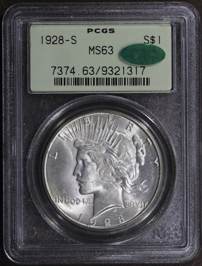 PCGS MS63 CAC Peace Dollar 1928 San Francisco Silver One Dollar Coin: PCGS MS63 CAC Peace Dollar 1928 San Francisco Silver One Dollar Coin This is a 1928-S Peace Silver Dollar graded MS63 by PCGS with CAC certification. Struck at the San Francisco Mint, this uncirculate