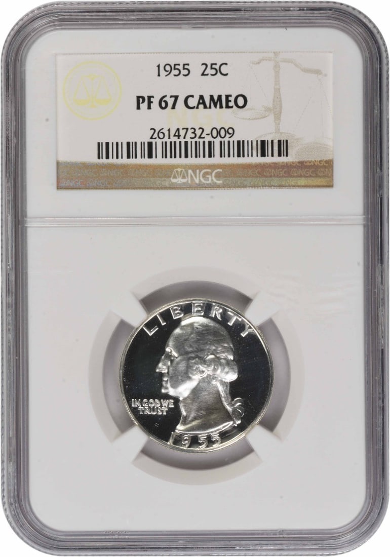 1955 Proof Washington Quarter PR67CAM Certified by NGC: 1955 Proof Washington Quarter PR67CAM Certified by NGC This is a 1955 Washington Quarter graded PR67CAM by NGC. Struck in Philadelphia as a proof coin, it features a composition of 90% silver and 10% 