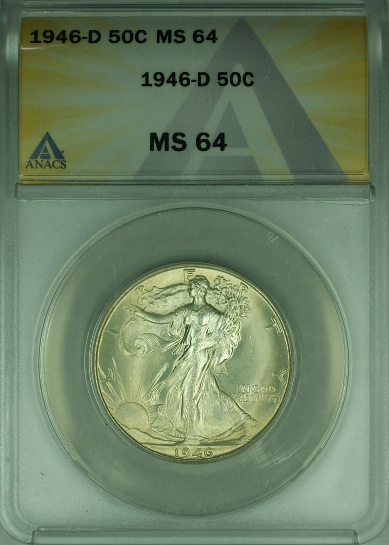 1946 Denver Liberty Walking Silver Half Dollar ANACS MS64: 1946 Denver Liberty Walking Silver Half Dollar ANACS MS64 This is a 1946-D Walking Liberty Silver Half Dollar, graded MS-64 by ANACS. Struck at the Denver Mint, the coin is composed of silver and rema