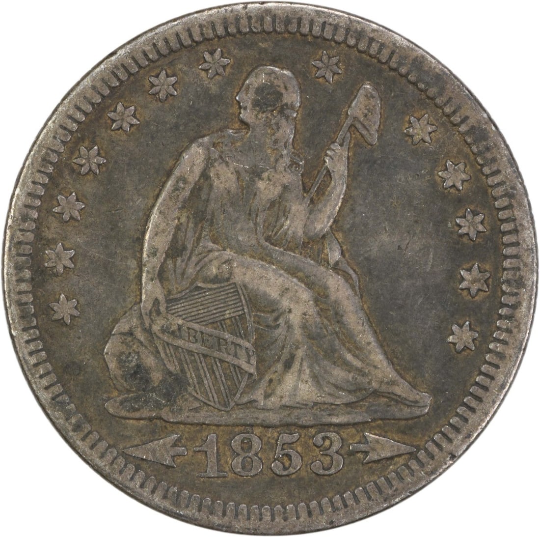 1853 Liberty Seated Silver Quarter VF Circulated Uncertified: 1853 Liberty Seated Silver Quarter VF Circulated Uncertified This 1853 Liberty Seated Silver Quarter features the iconic design by Robert Ball Hughes and Christian Gobrecht. Struck at the Philadelphia
