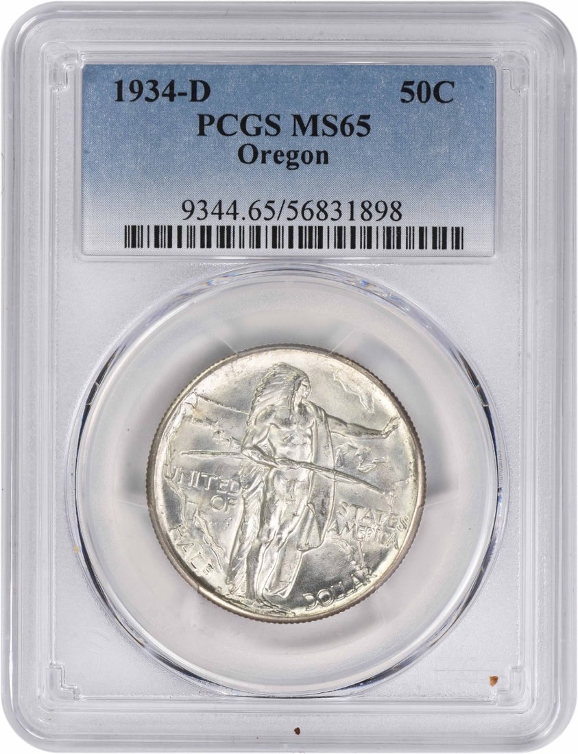 1934-D Oregon Silver Half Dollar MS65 Graded by PCGS: 1934-D Oregon Silver Half Dollar MS65 Graded by PCGS This 1934-D Oregon Commemorative Half Dollar is a United States coin crafted from 90% silver and 10% copper. Graded MS65 by PCGS, it remains in unc