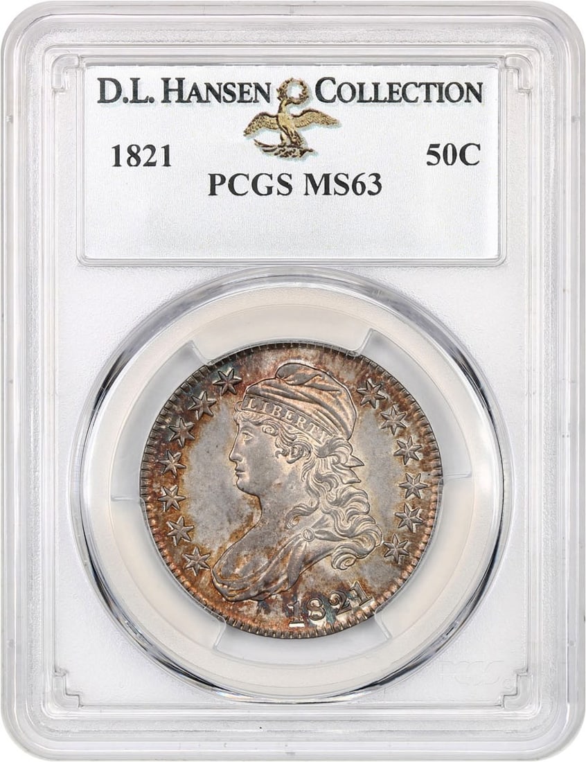 1821 Capped Bust Half Dollar PCGS MS63 Golden-Orange Toning: 1821 Capped Bust Half Dollar PCGS MS63 Golden-Orange Toning This 1821 Capped Bust Half Dollar is certified by PCGS with a grade of MS63, indicating it is in uncirculated condition. The coin features s