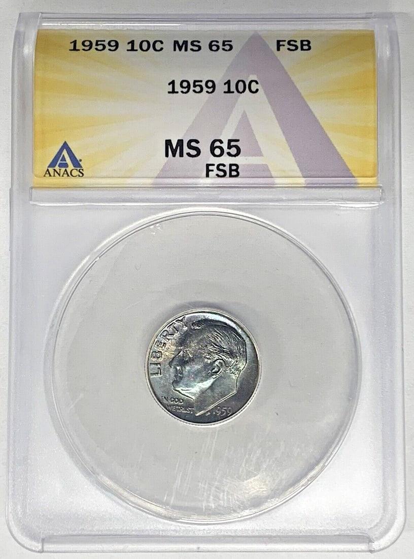 ANACS MS 65 FB 1959 Silver Roosevelt Dime with Toning: ANACS MS 65 FB 1959 Silver Roosevelt Dime with Toning This 1959 Roosevelt Dime is an uncirculated 10-cent coin from the United States, featuring attractive toning. Composed of silver, it has been cert