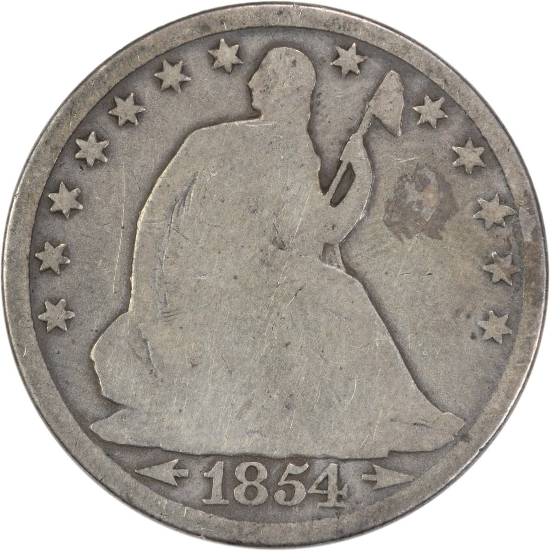 1854-O Liberty Seated Half Dollar 50C Circulated 90% Silver: 1854-O Liberty Seated Half Dollar 50C Circulated 90% Silver This 1854-O Liberty Seated Half Dollar showcases the rich heritage of American numismatics. Struck in New Orleans, this coin is composed of 