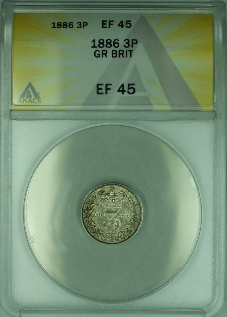 1886 United Kingdom Silver Threepence Coin ANACS EF-45 Certified (1 of 2)