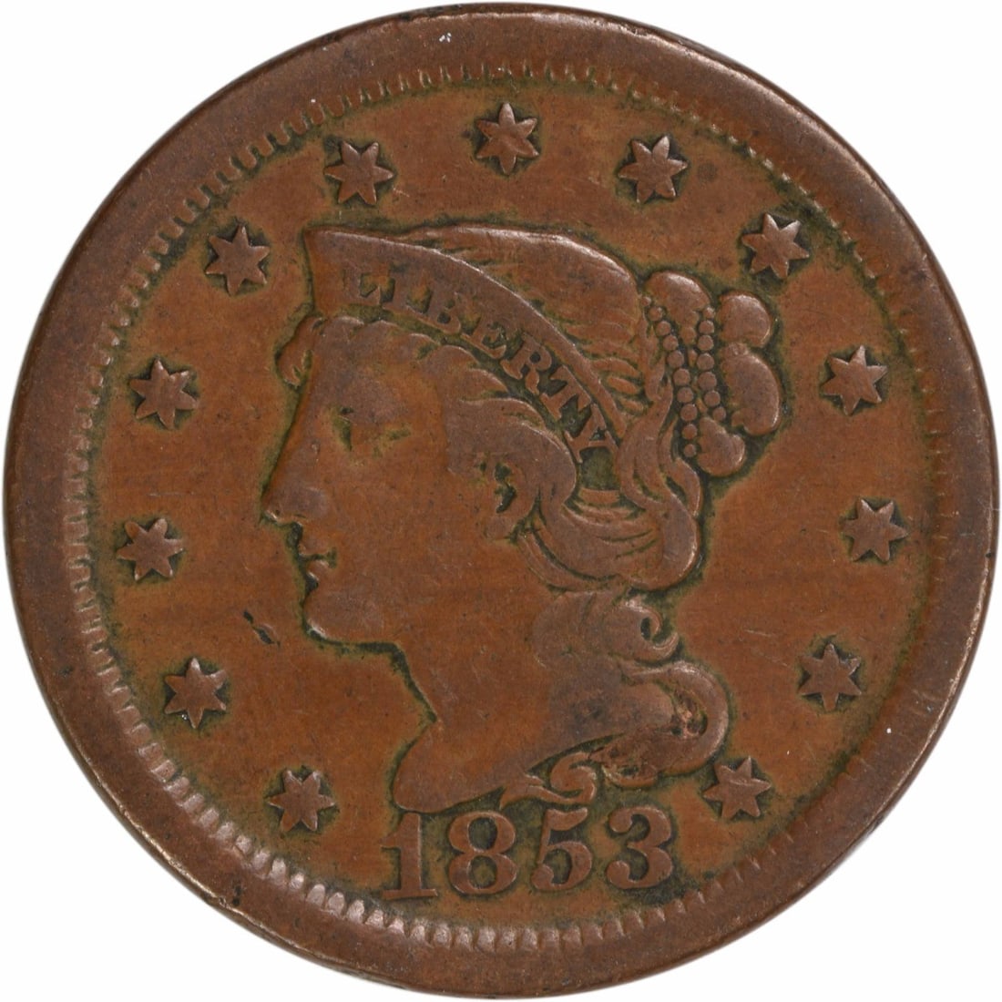 1853 Braided Hair Large Cent Copper EF Uncertified: 1853 Braided Hair Large Cent Copper EF Uncertified This 1853 Large Cent features the iconic Braided Hair design by Christian Gobrecht. Minted in Philadelphia, this coin is composed of copper and has a